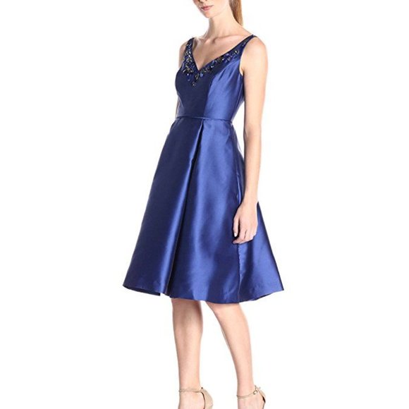 Adrianna Papell Beaded Neck Mikado Fit Flare Dress - Picture 2 of 6